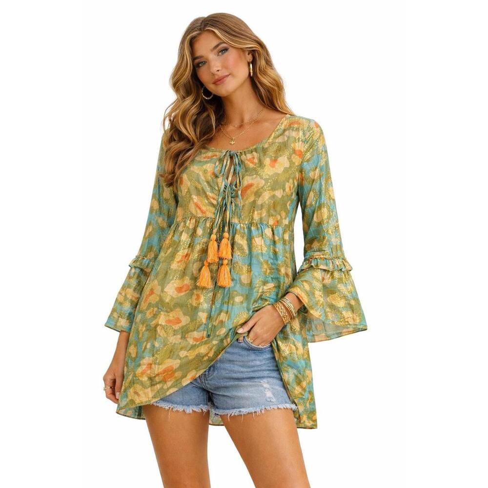 Rhea NWT S/M Boho Metallic Print Tunic Top Tassel Tie 100% Cotton